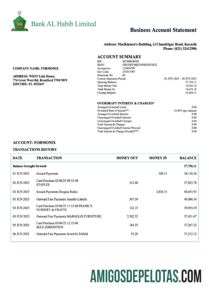 Imprimível Paquistão Bank Al Habib Enterprise Statement Word And PDF modelo